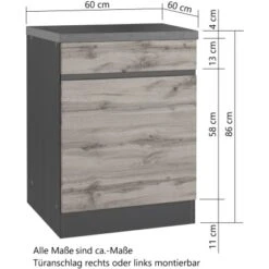 Held Möbel Küchenunterschrank Turin 60 Cm 1 Tür 1 Schublade Graphit/Wotaneiche -Wenko Store 189414 11016600 CU 05